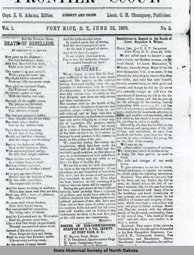 Frontier scout volume 1, number 2 excerpt on sanitary conditions at Fort Rice, Dakota Territory.