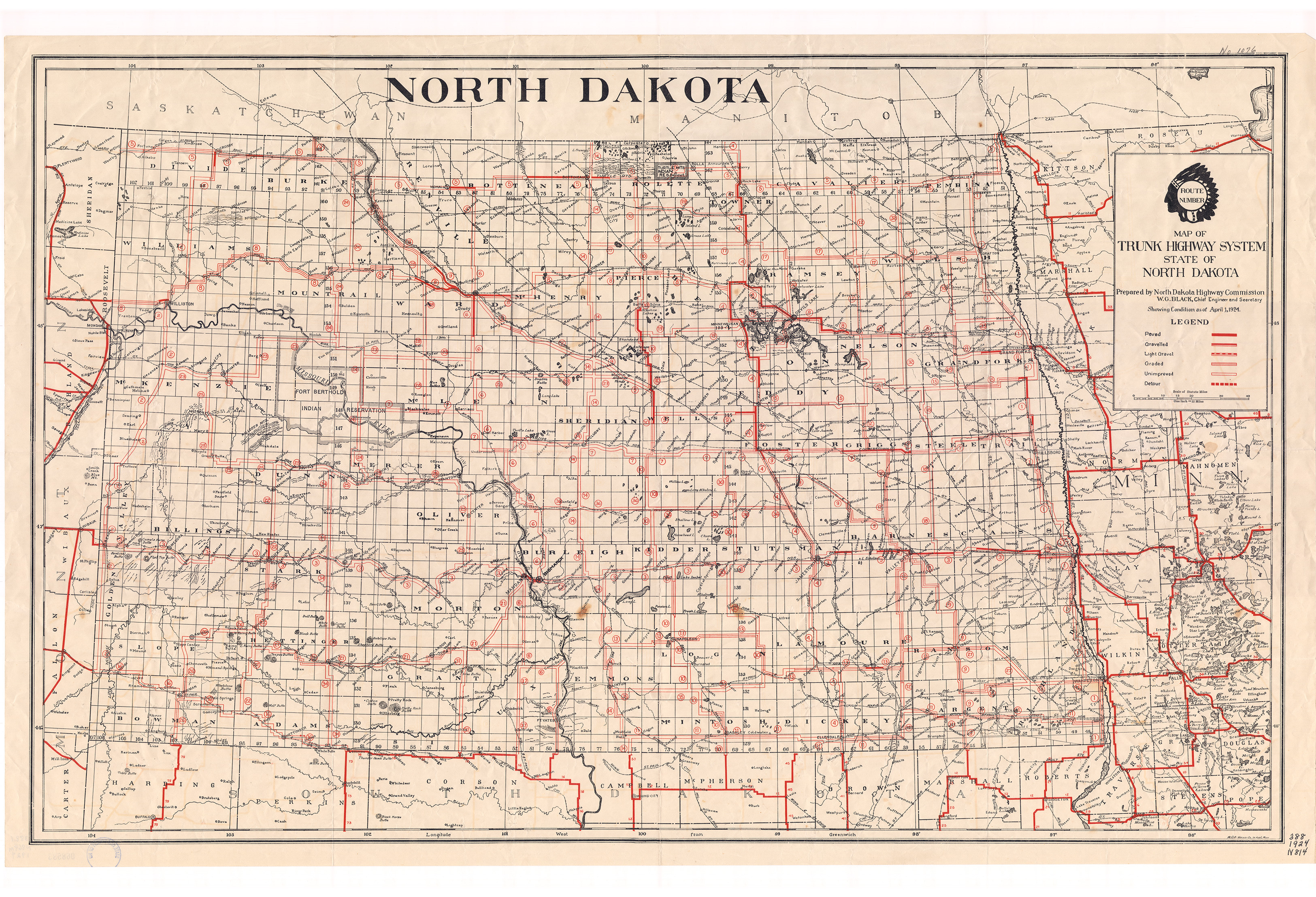 Map of trunk highway system State of North Dakota
