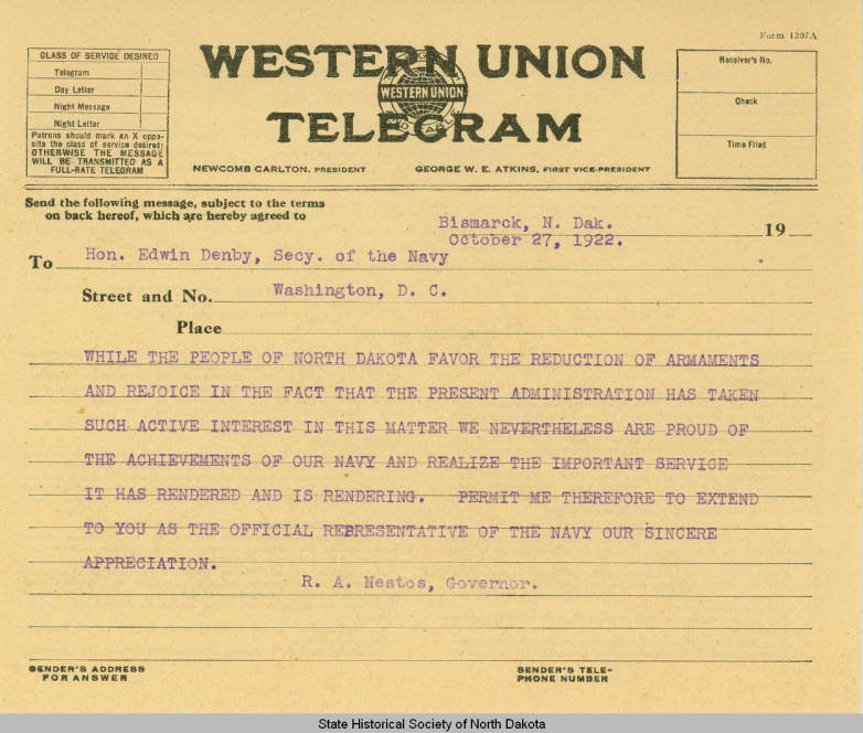 Nestos to Denby telegram 1922-10-27