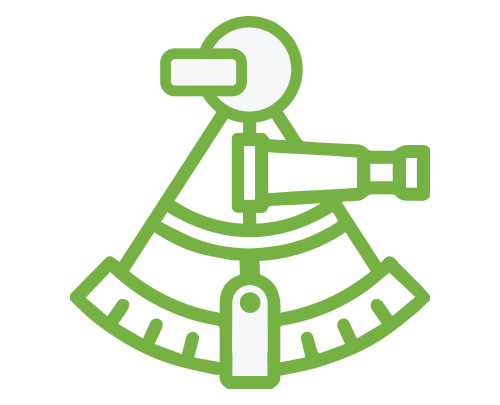 Sextant icon depicting a tool of navigation. It is a triangle with a rounded base divided into equal sections.