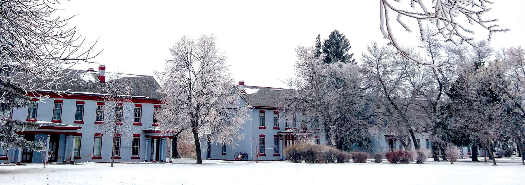 Old, white buildings with red trim are shown behind snowy trees.