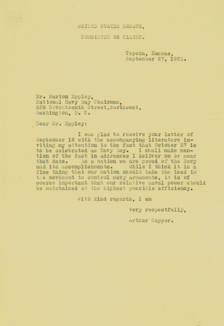 Letter to Marion Eppley form Arthur Capper, 1923